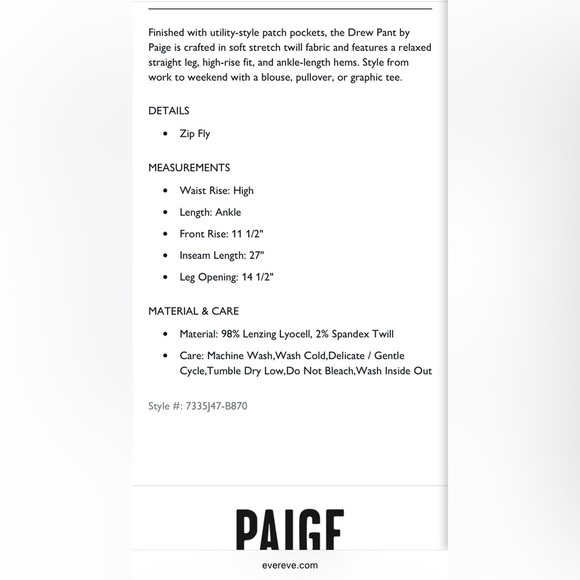 PAIGE women’s Drew Ankle Slim Straight Chino pants Navy size 29 - Picture 8 of 8